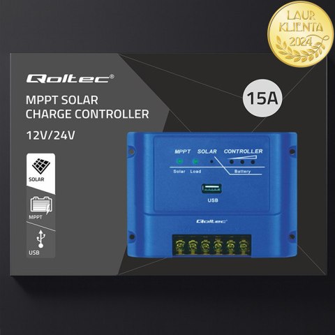 Qoltec Solarny regulator ładowania MPPT 15A do zasilania odbiorników DC i ładowania akumulatorów 12V / 24V | AGM | GEL