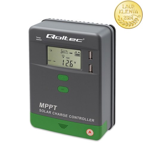 Qoltec Solarny regulator ładowania MPPT z czujnikiem temperatury 10A |12V / 24V | LCD | 2 x USB | Bluetooth | APP | GEL | LiFePO