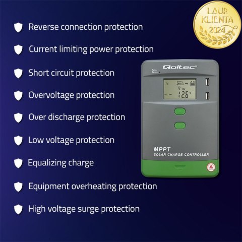Qoltec Solarny regulator ładowania MPPT z czujnikiem temperatury 10A |12V / 24V | LCD | 2 x USB | Bluetooth | APP | GEL | LiFePO