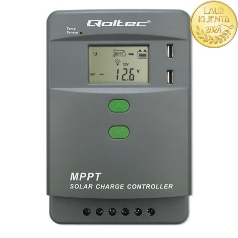 Qoltec Solarny regulator ładowania MPPT z czujnikiem temperatury 10A |12V / 24V | LCD | 2 x USB | Bluetooth | APP | GEL | LiFePO