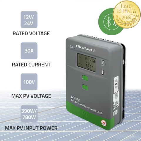 Qoltec Solarny regulator ładowania MPPT z czujnikiem temperatury 30A |12V / 24V | LCD | 2 x USB | Bluetooth | APP | GEL | LiFePO