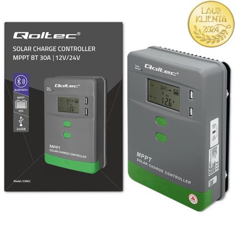 Qoltec Solarny regulator ładowania MPPT z czujnikiem temperatury 30A |12V / 24V | LCD | 2 x USB | Bluetooth | APP | GEL | LiFePO