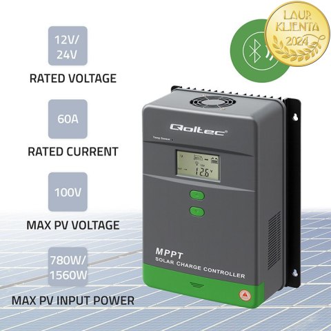 Qoltec Solarny regulator ładowania MPPT z czujnikiem temperatury 60A |12V / 24V | LCD | Bluetooth | APP | GEL | LiFePO4