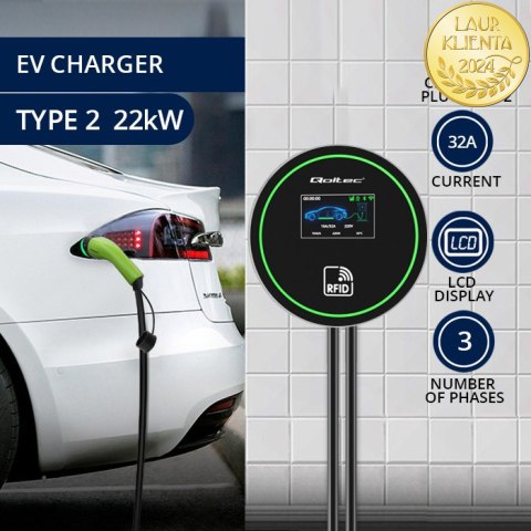 Qoltec Stacja ładowania EV 2w1 Typ2 | 22kW | Wi-fi| | LCD | 3 fazy | Wallbox | Smart life app| RFID | 5m