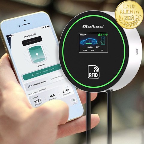 Qoltec Stacja ładowania EV 2w1 Typ2 | 22kW | Wi-fi| | LCD | 3 fazy | Wallbox | Smart life app| RFID | 5m