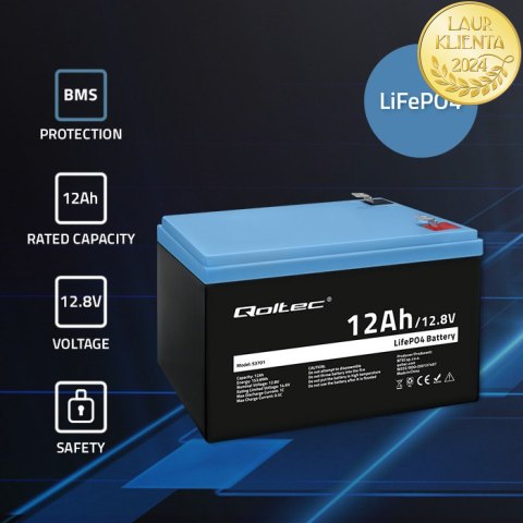 Qoltec Akumulator LiFePO4 Litowo-Żelazowo-Fosforanowy | 12.8V | 12Ah | 153.6Wh | BMS
