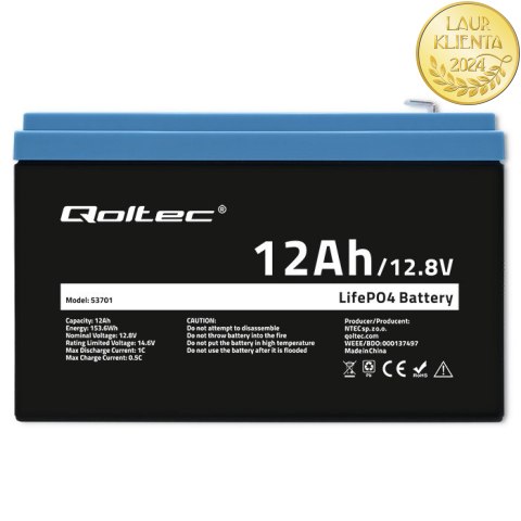 Qoltec Akumulator LiFePO4 Litowo-Żelazowo-Fosforanowy | 12.8V | 12Ah | 153.6Wh | BMS