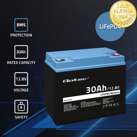 Qoltec Akumulator LiFePO4 Litowo-Żelazowo-Fosforanowy | 12.8V | 30Ah | 384Wh | BMS