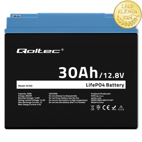 Qoltec Akumulator LiFePO4 Litowo-Żelazowo-Fosforanowy | 12.8V | 30Ah | 384Wh | BMS