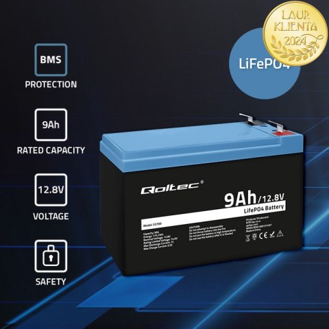 Qoltec Akumulator LiFePO4 Litowo-Żelazowo-Fosforanowy | 12.8V | 9Ah | 115.2Wh | BMS
