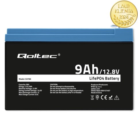Qoltec Akumulator LiFePO4 Litowo-Żelazowo-Fosforanowy | 12.8V | 9Ah | 115.2Wh | BMS