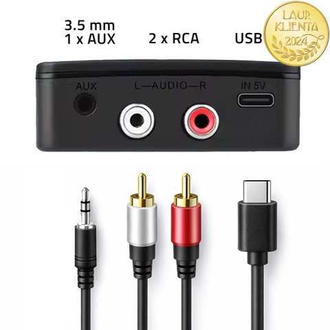 Qoltec Bezprzewodowy transmiter odbiornik Audio HiFi Home&Car| Bluetooth 6.0 | NFC | 2 x RCA | 1 x AUX MiniJack 3.5mm| Mikrofon
