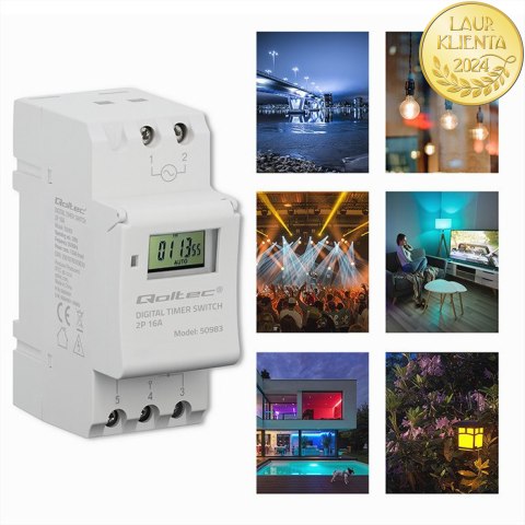 Qoltec Elektroniczny programator czasowy TIMER na szynę DIN z wbudowaną baterią | Haromonogram 7 dni | 16 programów