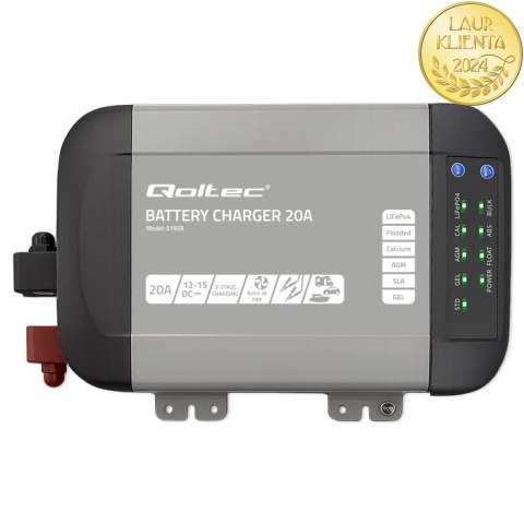 Qoltec Inteligentna ładowarka Monolith do akumulatorów LiFePO4 AGM GEL SLA | 20A | 12V