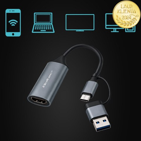 Qoltec Karta przechwytywania obrazu | Adapter USB-C USB-A | HDMI | 4K 30Hz | Aluminium