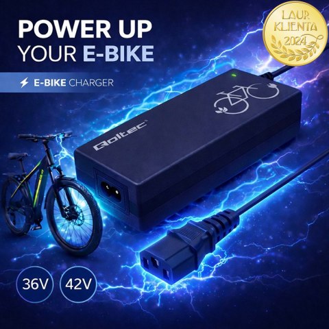 Qoltec Ładowarka do roweru elektrycznego 36V | 42V | 2A | C14-IEC-3Pin +kabel zasilający