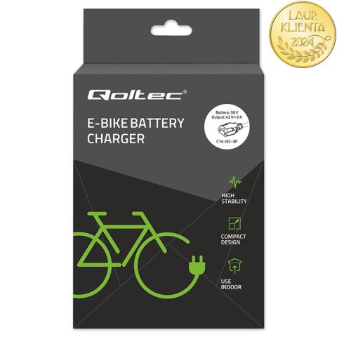 Qoltec Ładowarka do roweru elektrycznego 36V | 42V | 2A | C14-IEC-3Pin +kabel zasilający