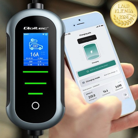 Qoltec Mobilna ładowarka do samochodu elektrycznego EV z regulacją 2w1 Typ2 | 22kW | 400V | CEE 32A | Wi-fi | TUYA | SMART LIFE 
