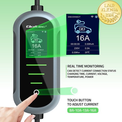 Qoltec Mobilna ładowarka do samochodu elektrycznego EV z regulacją 2w1 Typ2 | 22kW | 400V | CEE 32A | Wi-fi | TUYA | SMART LIFE 