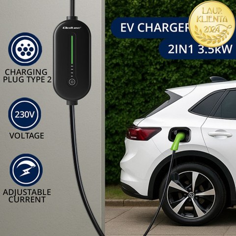 Qoltec Mobilna ładowarka do samochodu elektrycznego EV z regulacją 2w1 Typ2 | 3.5kW | 230V | SCHUKO 16A | LED | 5m