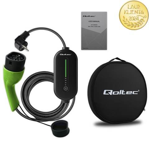 Qoltec Mobilna ładowarka do samochodu elektrycznego EV z regulacją 2w1 Typ2 | 3.5kW | 230V | SCHUKO 16A | LED | 5m