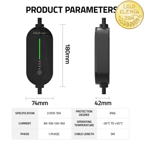 Qoltec Mobilna ładowarka do samochodu elektrycznego EV z regulacją 2w1 Typ2 | 3.5kW | 230V | SCHUKO 16A | LED | 5m