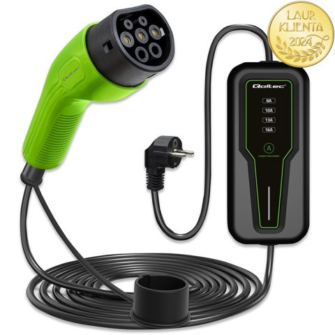 Qoltec Mobilna ładowarka do samochodu elektrycznego EV z regulacją 2w1 Typ2 | 3.5kW | 230V | SCHUKO 16A | LCD | Przenośna | 4m