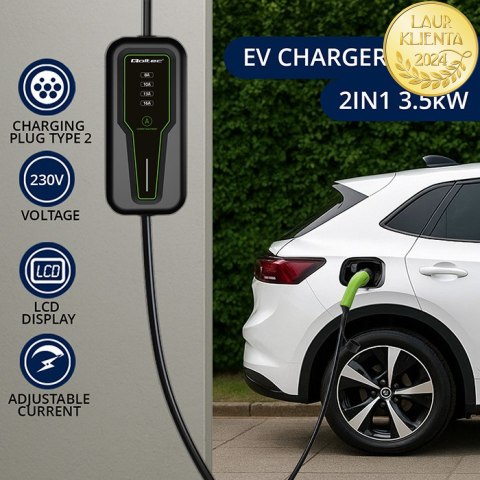 Qoltec Mobilna ładowarka do samochodu elektrycznego EV z regulacją 2w1 Typ2 | 3.5kW | 230V | SCHUKO 16A | LCD | Przenośna | 4m
