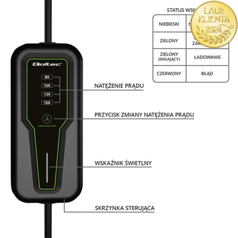 Qoltec Mobilna ładowarka do samochodu elektrycznego EV z regulacją 2w1 Typ2 | 3.5kW | 230V | SCHUKO 16A | LCD | Przenośna | 4m