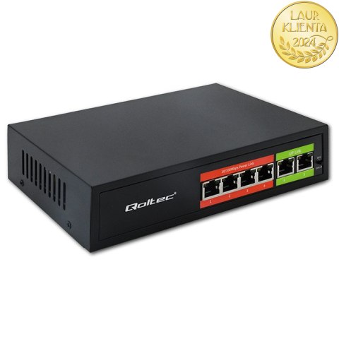 Qoltec Przełącznik sieciowy SWITCH FAST Ethernet PoE | 4x RJ45 | 2x RJ45 Uplink | 65W | 10/100Mb/s