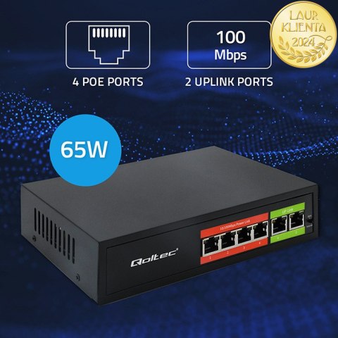 Qoltec Przełącznik sieciowy SWITCH FAST Ethernet PoE | 4x RJ45 | 2x RJ45 Uplink | 65W | 10/100Mb/s
