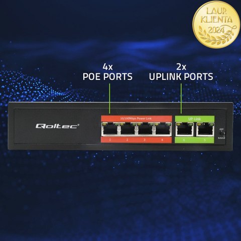 Qoltec Przełącznik sieciowy SWITCH FAST Ethernet PoE | 4x RJ45 | 2x RJ45 Uplink | 65W | 10/100Mb/s