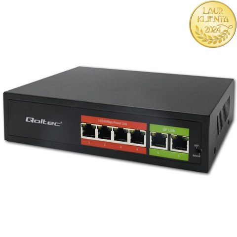 Qoltec Przełącznik sieciowy SWITCH FAST Ethernet PoE | 4x RJ45 | 2x RJ45 Uplink | 65W | 10/100Mb/s