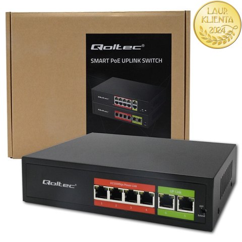 Qoltec Przełącznik sieciowy SWITCH FAST Ethernet PoE | 4x RJ45 | 2x RJ45 Uplink | 65W | 10/100Mb/s
