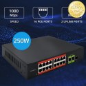 Qoltec Przełącznik sieciowy SWITCH Fast Ethernet PoE | 16x RJ45 10/100 Mb/s | 2x RJ45 Uplink 1000 Mb/s | 1x SFP 1000 Mb/s