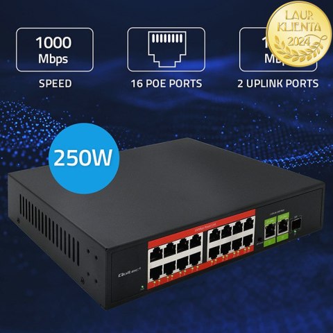 Qoltec Przełącznik sieciowy SWITCH Fast Ethernet PoE | 16x RJ45 10/100 Mb/s | 2x RJ45 Uplink 1000 Mb/s | 1x SFP 1000 Mb/s