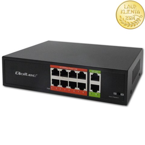 Qoltec Przełącznik sieciowy SWITCH Fast Ethernet PoE | 8x RJ45 | 2x RJ45 Uplink | 120W | 10/100 Mb/s