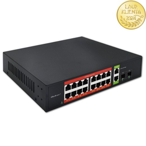 Qoltec Przełącznik sieciowy SWITCH Gigabit Ethernet PoE | 16x RJ45 | 2x RJ45 Uplink | 2x SFP | 1000Mb/s