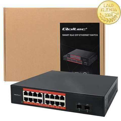 Qoltec Przełącznik sieciowy SWITCH Gigabit Ethernet PoE | 16x RJ45 | 2x SFP | 1000 Mb/s