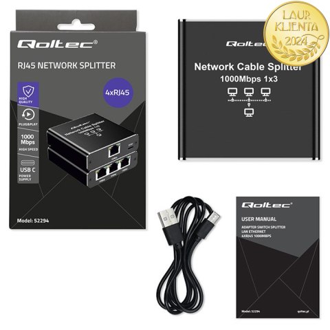 Qoltec Rozdzielacz Splitter Ethernet mini SWITCH 1x3 RJ45 | 1000Mb/s | USB-C | Aluminium
