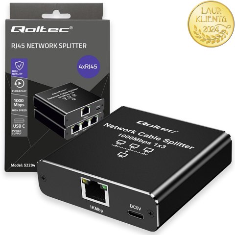 Qoltec Rozdzielacz Splitter Ethernet mini SWITCH 1x3 RJ45 | 1000Mb/s | USB-C | Aluminium