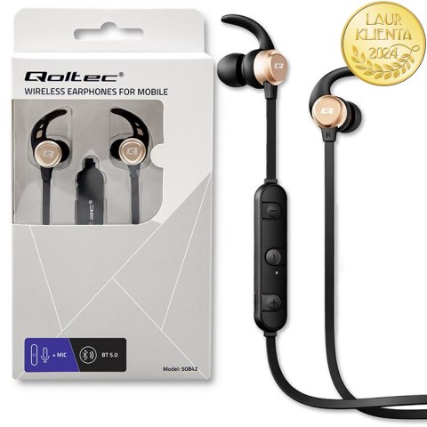 Qoltec Sportowe słuchawki bezprzewodowe BT 5.0 JL z mikrofonem dla biegaczy | zaczepy + magnetyczne końcówki | Czarne