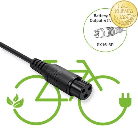 Qoltec Szybka Ładowarka do roweru elektrycznego 36V | 42V | 2A | 3P-GX16 | +kabel zasilający