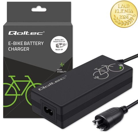 Qoltec Szybka Ładowarka do roweru elektrycznego 36V | 42V | 2A | wtyczka Bosch 3Pin +kabel zasilający