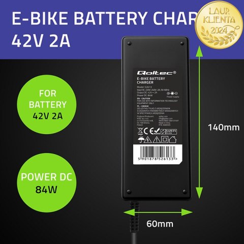 Qoltec Szybka Ładowarka do roweru elektrycznego 36V | 42V | 2A | wtyczka Bosch 3Pin +kabel zasilający