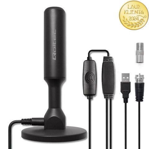 Qoltec Wewnętrzna Antena TV DVB-T2 ze wzmacniaczem sygnału i magnetyczną podstawą | 4K | 28dBi | 5m