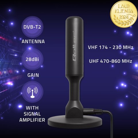 Qoltec Wewnętrzna Antena TV DVB-T2 ze wzmacniaczem sygnału i magnetyczną podstawą | 4K | 28dBi | 5m