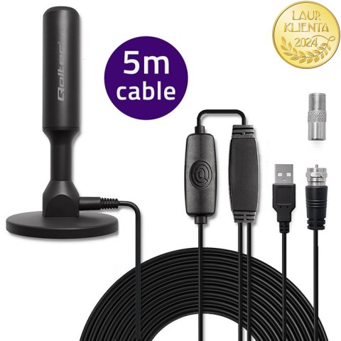 Qoltec Wewnętrzna Antena TV DVB-T2 ze wzmacniaczem sygnału i magnetyczną podstawą | 4K | 28dBi | 5m