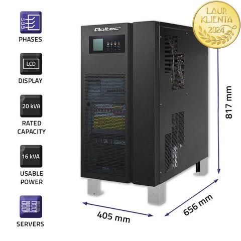 Qoltec Zasilacz awaryjny UPS 3 - fazowy | 20kVA | 16KW | LCD | EPO | SNMP | USB | On-line | Low frequency