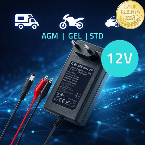 Qoltec Automatyczna ładowarka do akumulatora AGM GEL STD | Prostownik 12V | 2A | 24W | 5.5x2.1 | Kabel 1.8m